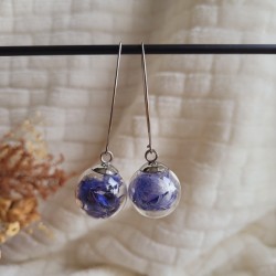 Boucles d'oreilles sphère en verre et fleurs séchées de Bleuet.
