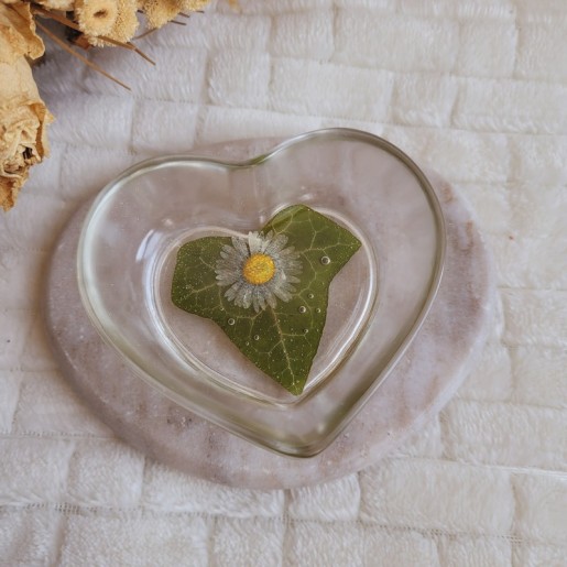 Coupelle vide-poche de forme coeur en résine et feuille séchée de Lierre et fleur de Pâquerette.