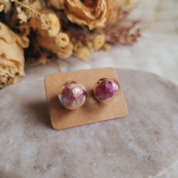 Puces d'oreilles sphères en verre et fleurs d'Immortelle rose