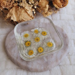 Coupelle vide-poche carrée en résine et fleurs séchées de Pâquerette.