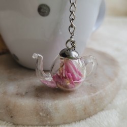Boule à thé pendentif théière verre et fleur d'Immortelle.