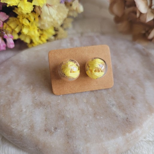 Puces d'oreilles sphère en verre avec fleurs séchées de Statices jaunes.