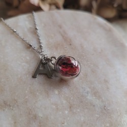 Collier personnalisable, sphère en verre et fleur séchée de pétales de Rose