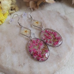 Boucles d'oreilles fleurs séchées de Bruyère et Spirée