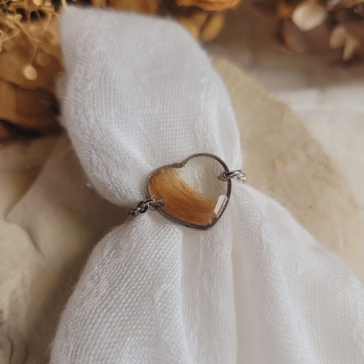 Bague coeur chaîne souvenir en acier inoxydable avec mèche de cheveux, poils d'animaux, plumes, crins, fleurs séchées...