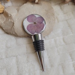 Bouchon de bouteille réutilisable, rond avec fleur séchée d'Hortensia.