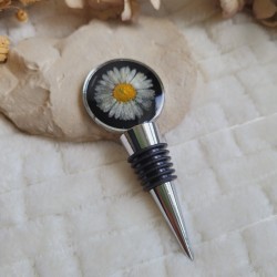 Bouchon de bouteille réutilisable, rond avec fleur séchée de Pâquerette.