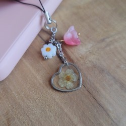 Bijoux de téléphone pendentif coeur avec fleur séchée de Spirée.