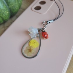 Bijoux de téléphone pendentif goutte avec fleur séchée de Spirée et Bouton d'Or.