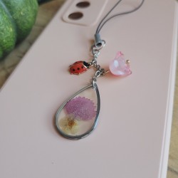 Bijoux de téléphone pendentif goutte avec fleur séchée d'Oeillet de Poète et Bouton d'Or.