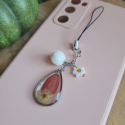 Bijoux de téléphone pendentif goutte avec fleur séchée de Zinias et Spirée.