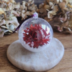 Boule de Noël en plastique avec fleur séchée d'Immortelle rouge et fausse neige.