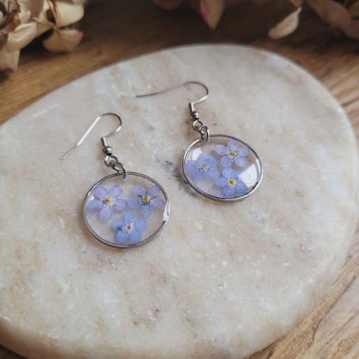 Boucles d'oreilles rondes fleurs séchées de Myosotis.