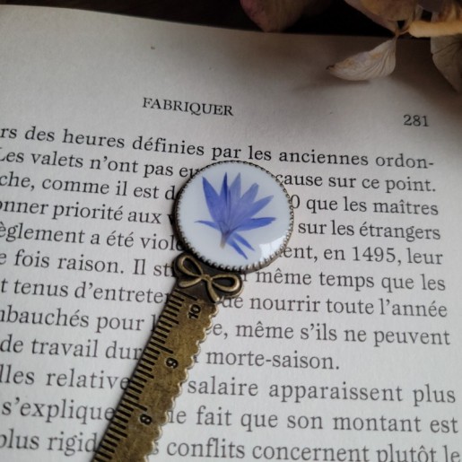 Marque-page règle, avec fleur séchée de Bleuet.