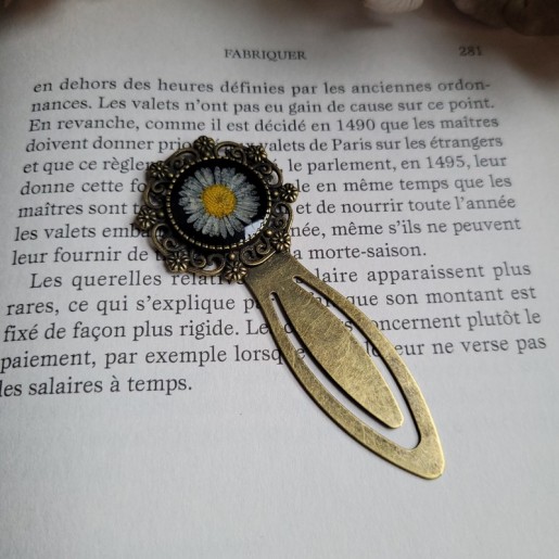 Marque-page trombone en laiton, avec fleur séchée de Pâquerette.