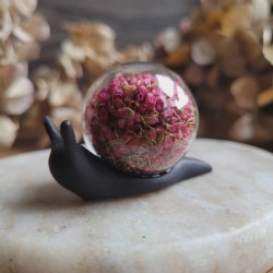 ALIENOR, figurine escargot en résine, sphère en verre et fleurs séchées de Bruyère