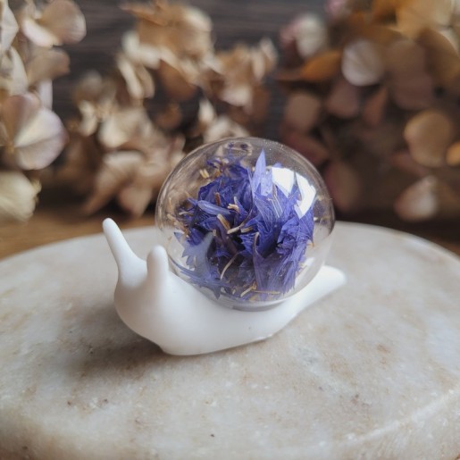 MATTEO, figurine escargot en résine, sphère en verre et fleurs séchées de Bleuet.
