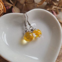 Boucles d'oreilles mini sphère en résine et fleurs d'Immortelle.