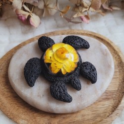 HÉLIA, figurine tortue en résine et fleur séchée d'Immortelle jaune.