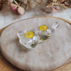 Yumi - Figurine chat en résine et fleurs séchées de Pâquerette.