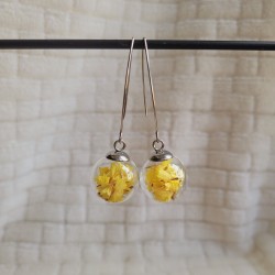 Boucles d'oreilles sphère en verre et fleurs séchées de Statices jaunes.