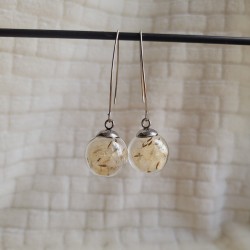 Boucles d'oreilles sphère en verre et fleurs séchées de Pissenlit.