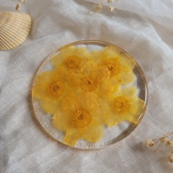 Dessous de verre en résine, diamètre 8.5 cm, et fleurs séchées de Jonquilles.