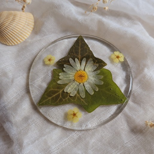 Dessous de verre en résine, diamètre 8.5 cm, et fleurs séchées de Marguerite et Lierre.