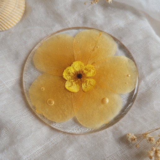 Dessous de verre en résine, diamètre 8.5 cm, et fleurs séchées de pétales de Rose et Bouton d'Or.