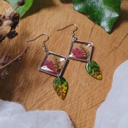 Boucles d’oreilles automne en résine avec feuilles naturelles et feuilles en verre