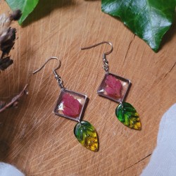Boucles d’oreilles automne en résine avec feuilles naturelles et feuilles en verre